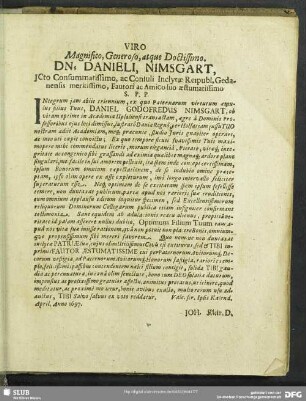 Viro Magnifico, Generoso, atque Dictissimo, Dn. Danieli Nimsgart …