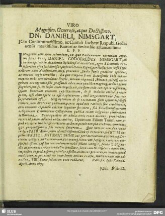Viro Magnifico, Generoso, atque Dictissimo, Dn. Danieli Nimsgart …