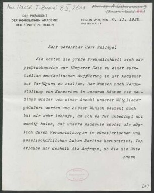 Brief an Ferruccio Busoni : 06.11.1922