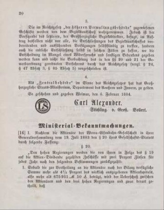 16. Ministerial-Bekanntmachung, einen Nachtrag zum Statut der Werra-Eisenbahn-Gesellschaft betreffend