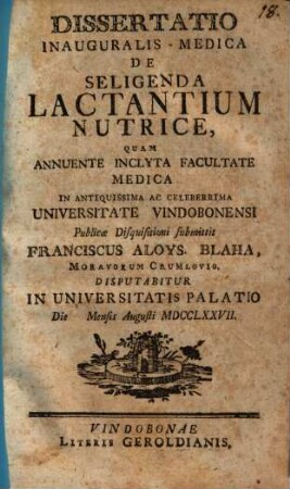 Dissertatio Inauguralis Medica De Seligenda Lactantium Nutrice