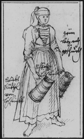 Kleidertrachten des Amtes Oschatz, Dorf Gantzig : Kleidertrachten des Amtes Oschatz, Dorf Gantzig. Zeichnung (1722; J. A. Richter). Frau mit Kannen