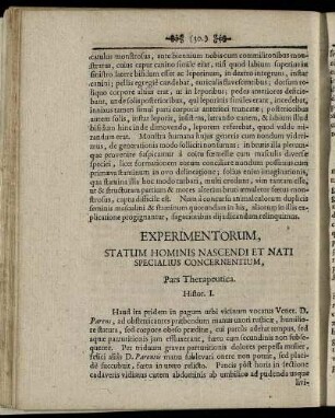 Experimentorum, Statum Hominis Nascendi Et Nati Specialius Concernentium, Pars Theapeutica.