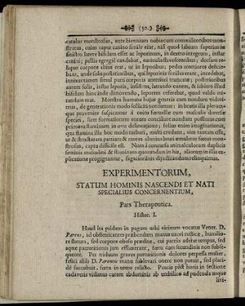 Experimentorum, Statum Hominis Nascendi Et Nati Specialius Concernentium, Pars Theapeutica.
