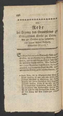 XII. Rede bei Legung des Grundsteins zur Evangelischen Kirche zu Culm, den 30. October 1779. gehalten, ....