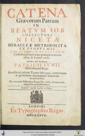 Catena Graecorum Patrum in beatum Iob.
