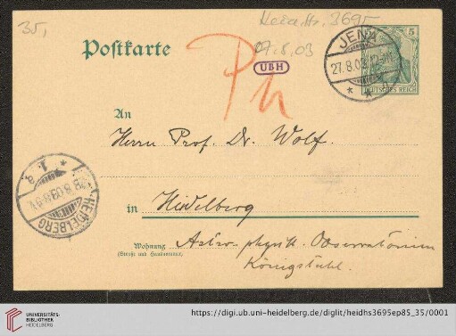 Briefe von Carl Pulfrich an Max Wolf: Karte von Carl Pulfrich an Max Wolf