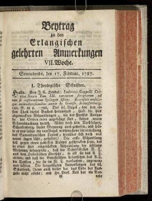 VII. Woche. Sonnabends, den 17. Februar. 1787.