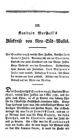 3. Kapitain Marshall's Rückreise von Neu-Süd-Wallis. Der Scarborough verläßt Port-Jackson. Berührt Lord Howe's Insel. Vereinigt sich mit der Charlotte. Entdeckt eine große Sandbank und eine Menge Inseln. Kurze