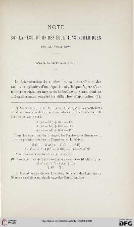 2.Ser. 1.1880: Note sur la résolution des équations numériques