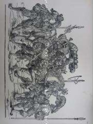 Kriegerdarstellung, Oberst zu Pferde, begleitet von einem Trompeter zu Pferde und vier Trabanten mit Hellebarden und Spießen, 1510/1530.