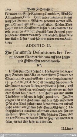 ADDITIO II. Die fürnehmste Definitiones der Terminorum Geometricorum auf das Land- und Feldmessen accommodiret.