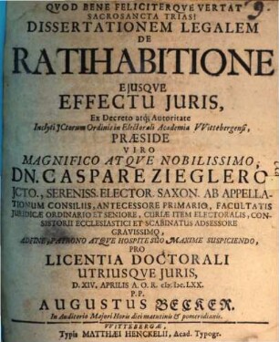 Diss. legal. de ratihabitione eiusque effectu iuris