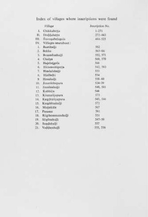 Index of Villages where inscriptions were found-English