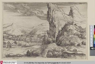 [Gebirgslandschaft mit spitz aufragenden Felsen; Landscape with High Cliffs and Cottage]