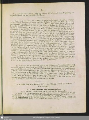 Uebersicht des von Ostern 1874 bis Ostern 1875 ertheilten Unterrichts