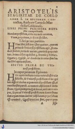 Sectio Prima de Universi perfectione.