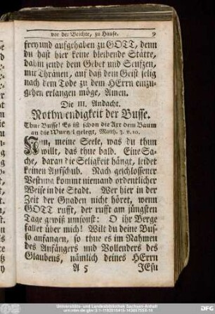 Die III. Andacht. Nothwendigkeit der Busse.