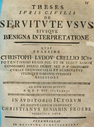 Theses Iuris Civilis De Servitute Usus Eiusque Benigna Interpretatione