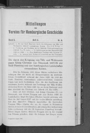 Die durch den Kriegszug von Tilly und Wallenstein gegen König Christian von Dänemark 1627/29 der Stadt Hamburg und den hamburgischen Landschaften entstandenen Kosten.