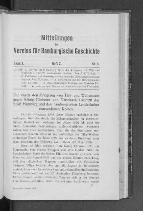Die durch den Kriegszug von Tilly und Wallenstein gegen König Christian von Dänemark 1627/29 der Stadt Hamburg und den hamburgischen Landschaften entstandenen Kosten.