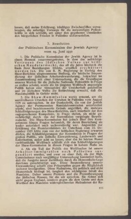 7. Resolution der Politischen Kommission der Jewish Agency vom 24. Juni 1930
