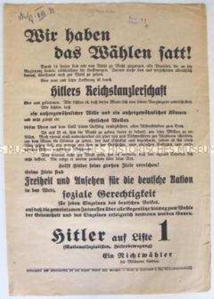 Propagandaflugblatt der NSDAP zur Reichstagswahl 1933 mit Ausrichtung auf die Nichtwähler