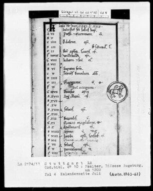 Psalterium — Kalenderseite Juli mit Tierkreiszeichen Löwe, Folio 4recto