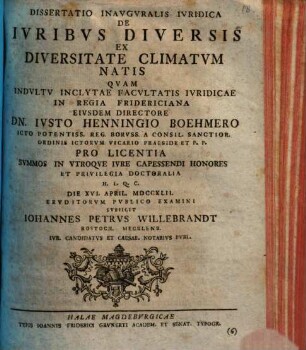 Dissertatio inauguralis iuridica de iuribus diversis ex diversitate climatum natis