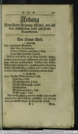 Anhang Bewährter Artzeney-Mittel, vor alle dem menschlichen Leibe zustossende Kranckheiten