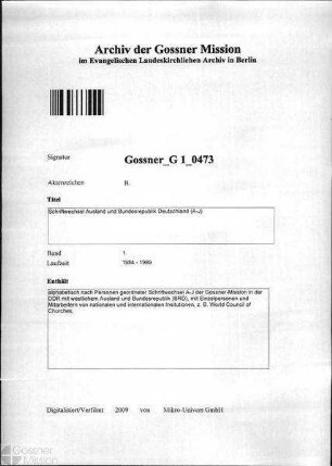 Schriftwechsel Ausland und Bundesrepublik Deutschland (A-J)