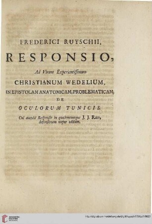 Frederici Ruyschii, responsio, ad virum experientissimum Christianum Wedelium […]