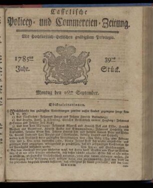 39tes Stueck, Montag den 26ten September. 1785