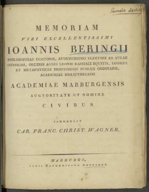 Memoria viri excellentissimi Ioannis Beringii