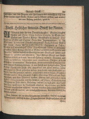 Fürstl. Hessischer Articuls-Brieff der Reuter.
