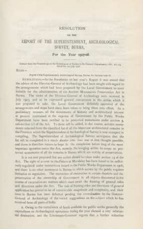 Resolution on the report of the superintendent, archaeological survey, Burma, for the year 1907-08