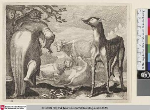 [Zwei Melkerinnen auf der Weide mit Kühen und einem großen schlanken Hund im Vordergrund; Pastoral Scene]