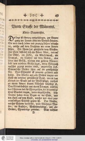 Vierte Stuffe der Maurerei. Klein Baumeister.