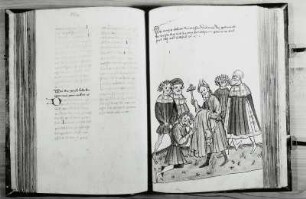 Deutsche Historienbibel. Elsaß, um 1420. Doppelseite Blatt 144v: Textseite und Blatt 145r: Textseite mit Illustration