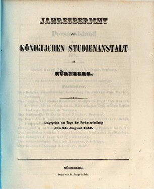 Jahresbericht der Königlichen Studienanstalt zu Nürnberg. 1852, 1852
