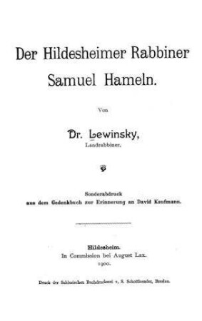 Der Hildesheimer Rabbiner Samuel Hameln / von [Abraham] Lewinsky