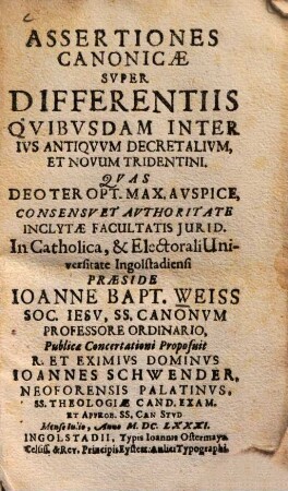 Assertiones canonicae super differentiis quibusdam inter ius antiquum decretalium et novum Tridentini