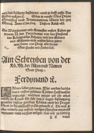 Ain Schreyben von der Kü. Mt. der Alten und Newen Statt Prag.