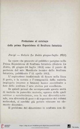 Prefazione al catalogo della prima Esposizione di Scultura futurista