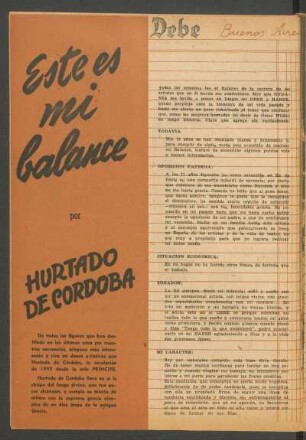 Este es mi balance : Debe [y] haber, Buenos Aires octubre de 1945