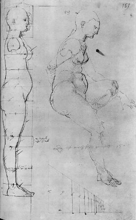 Stehende Frau ohne Arme seitlich mit Proportionslinien und Sitzende seitlich : Dresdner Skizzenbuch (1507/1528).Stehende Frau ohne Arme seitlich mit Proportionslinien und Sitzende seitlich (1507, aus: R. Bruck: Das Skizzenbuch von Albrecht Dürer, Straßburg 1905, Tafel 86, Blatt 151r, Str. 16, Kriegsverlust). Dresden: SLUB Mscr.Dresd.R.147.f