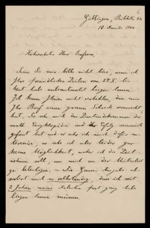 Nr. 6 Brief von Martin Brendel an Karl Schwarzschild. Göttingen, 10.11.1900