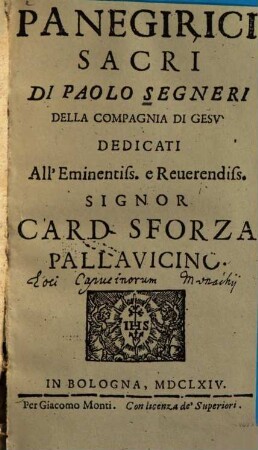 Panegirici sacri : dedic. all'em. rev. Signor Card. Sforza Partavicino