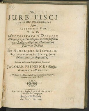 De Jure Fisci. Discursus Inauguralis