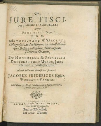 De Jure Fisci. Discursus Inauguralis